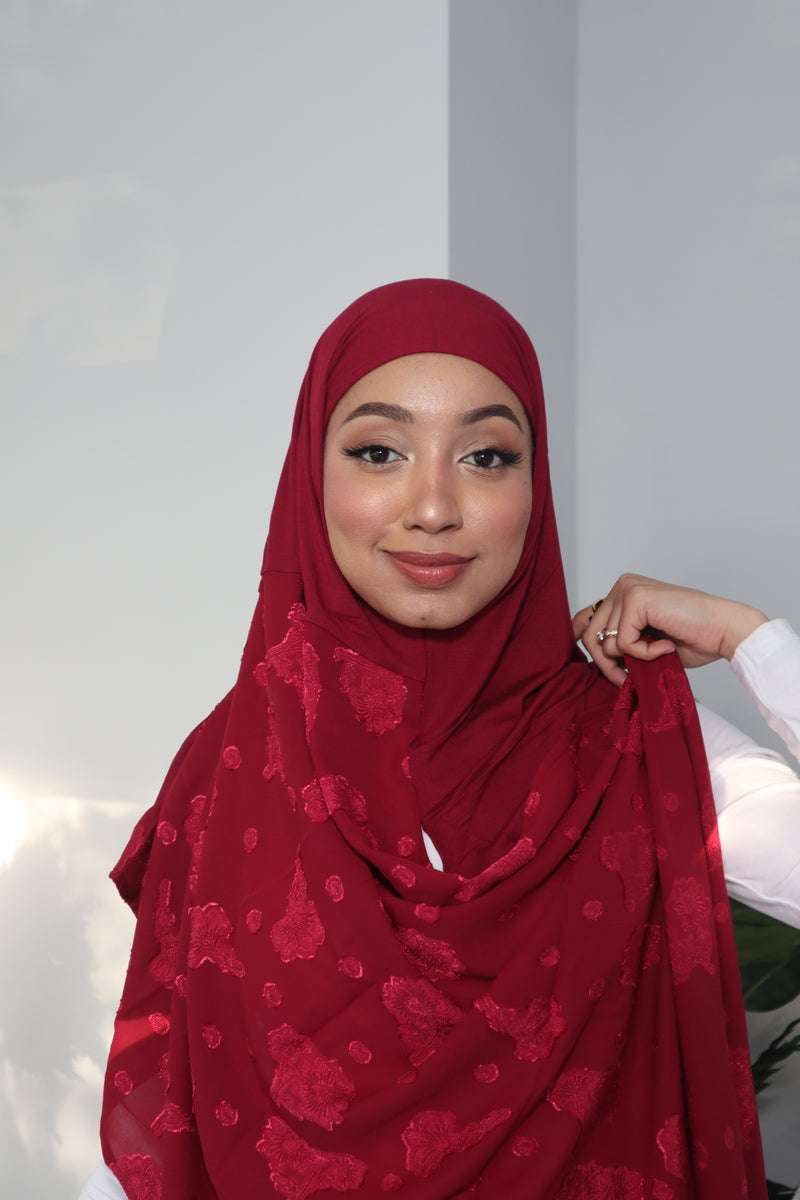 Printed Instant Hijab - Dark Red