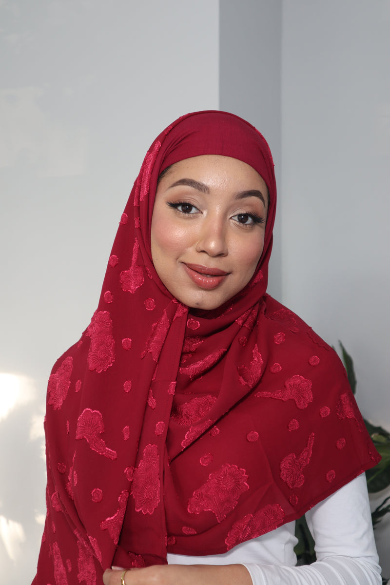 Printed Instant Hijab - Dark Red